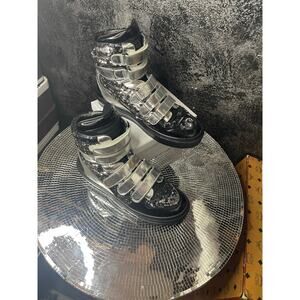 Louis Vuitton Women s Silver & Black Sequin Leather Straps High-Top Sneakers.